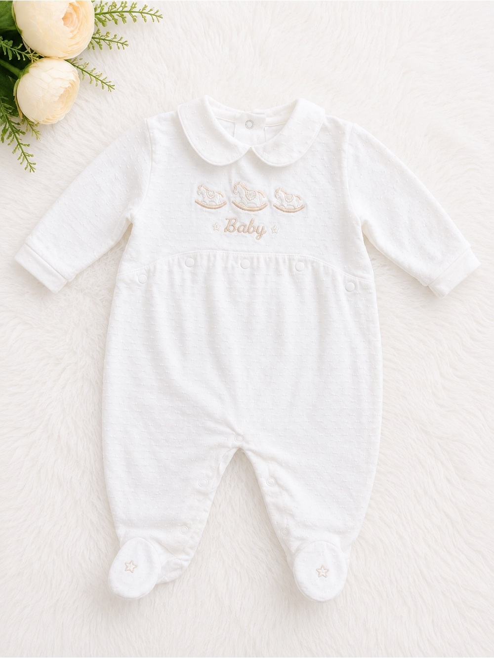 Baby vintage White Embroidered One-Piece Footed Sleepsuit